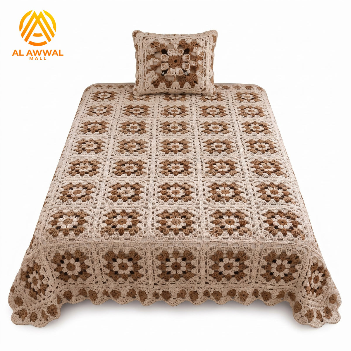 Cream Crochet Bedsheet with Floral Square Motifs & Matching Pillow Covers