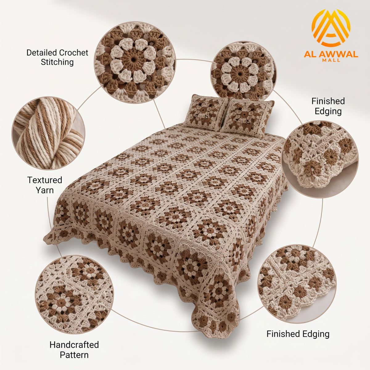 Cream Crochet Bedsheet with Floral Square Motifs & Matching Pillow Covers