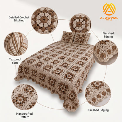Cream Crochet Bedsheet with Floral Square Motifs & Matching Pillow Covers