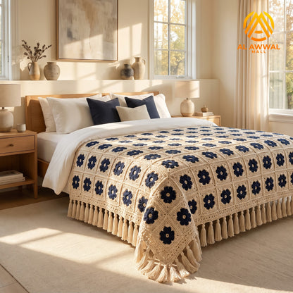 Cream Crochet Bedsheet with Navy Blue Square Motifs & Decorative Border