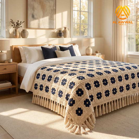 Cream Crochet Bedsheet with Navy Blue Square Motifs & Decorative Border