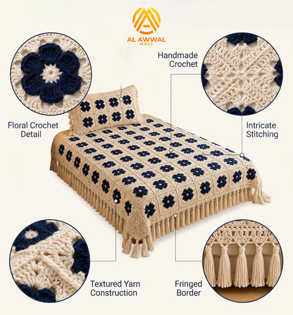 Cream Crochet Bedsheet with Navy Blue Square Motifs & Decorative Border