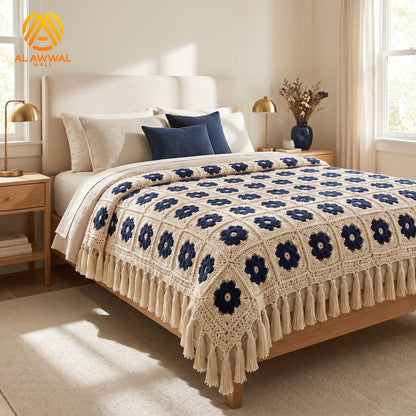 Cream Crochet Bedsheet with Navy Blue Square Motifs & Decorative Border