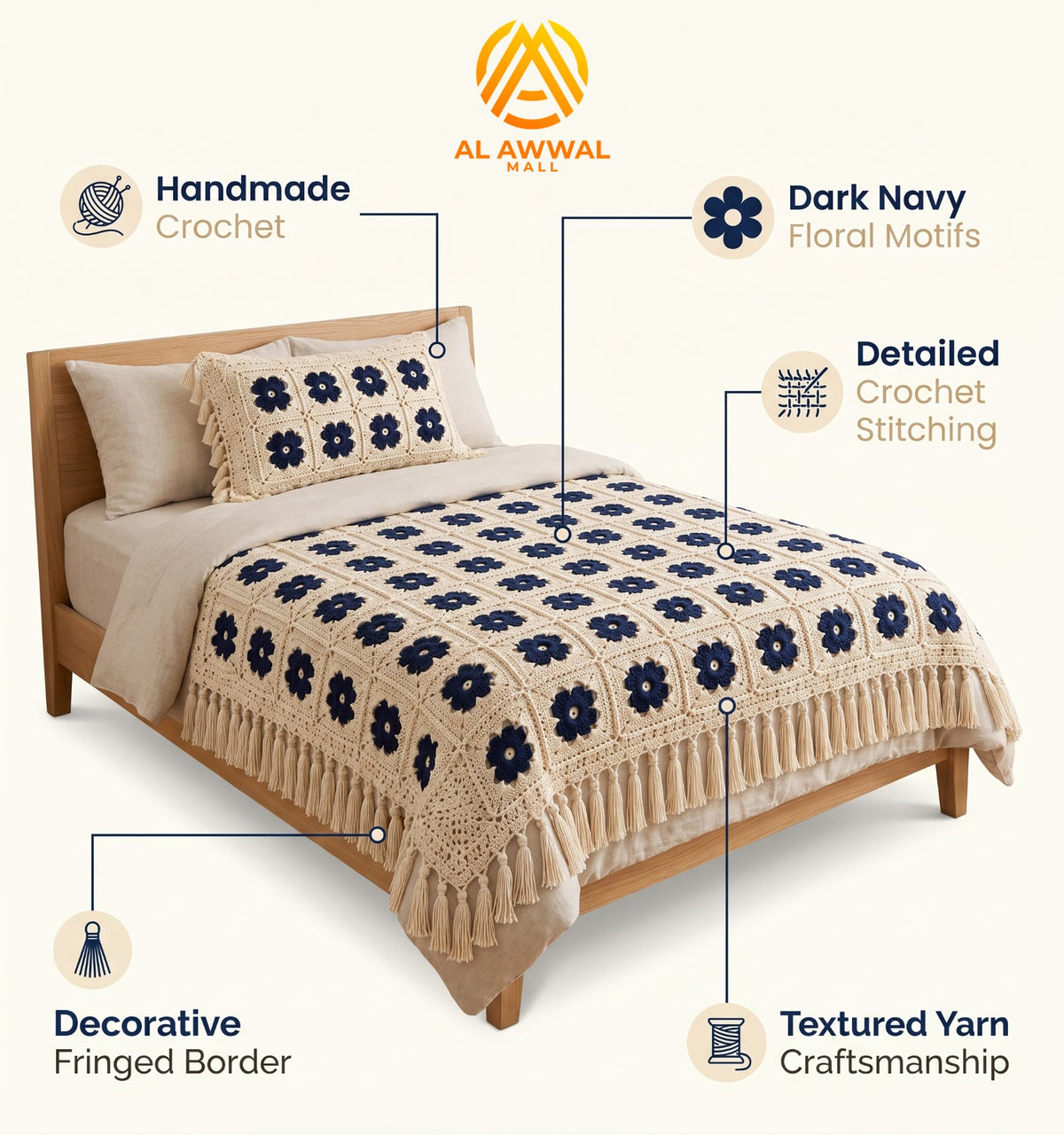 Cream Crochet Bedsheet with Navy Blue Square Motifs & Decorative Border