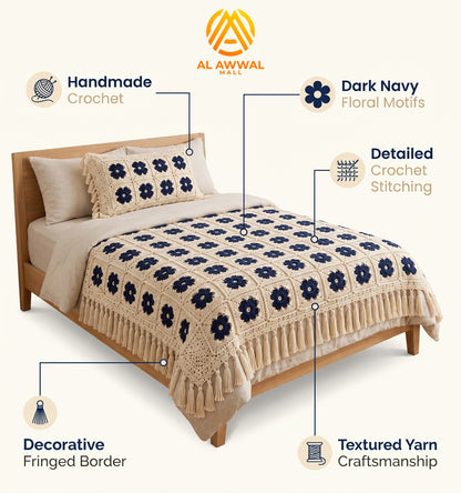 Cream Crochet Bedsheet with Navy Blue Square Motifs & Decorative Border