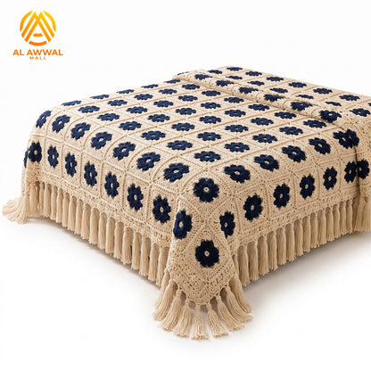 Cream Crochet Bedsheet with Navy Blue Square Motifs & Decorative Border