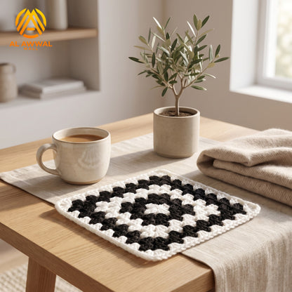 Handmade Crochet Square Cup Mat with Black & White Row Pattern