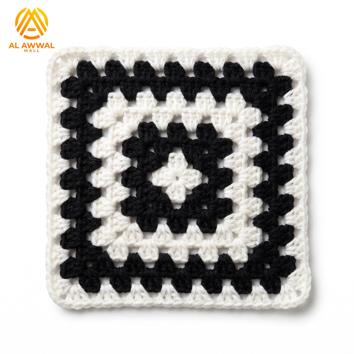 Handmade Crochet Square Cup Mat with Black & White Row Pattern