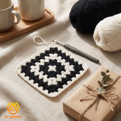 Handmade Crochet Square Cup Mat with Black & White Row Pattern