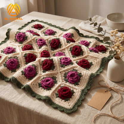 3D Two-Tone Rose Crochet Blanket with Green Lace Border