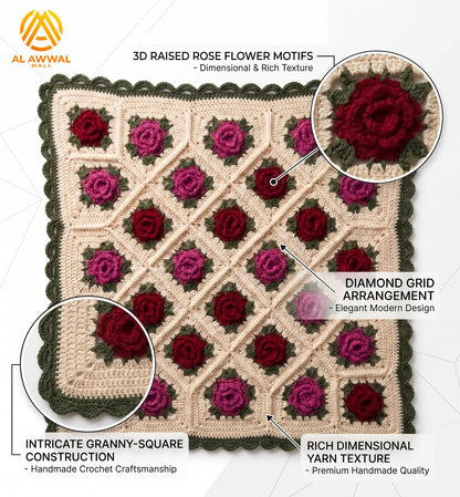 3D Two-Tone Rose Crochet Blanket with Green Lace Border