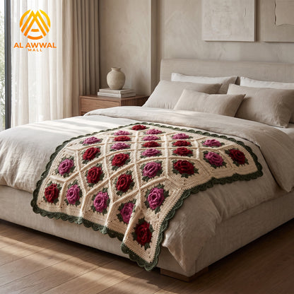 3D Two-Tone Rose Crochet Blanket with Green Lace Border