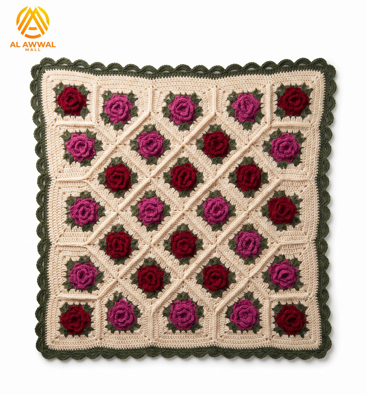 3D Two-Tone Rose Crochet Blanket with Green Lace Border