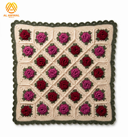3D Two-Tone Rose Crochet Blanket with Green Lace Border