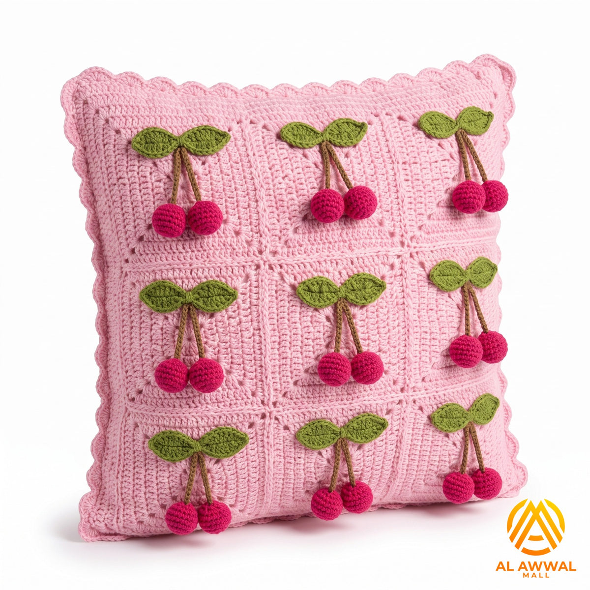 Handmade Crochet Pink Square Cushion Cover with Cherry Motifs