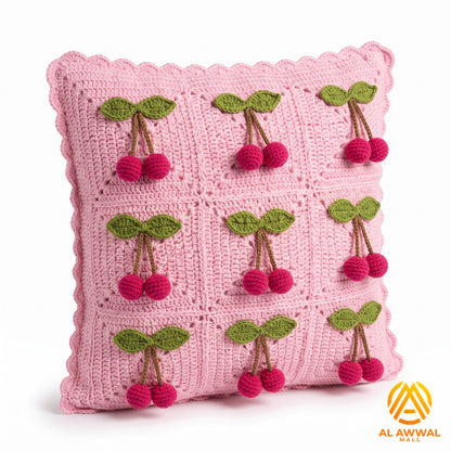 Handmade Crochet Pink Square Cushion Cover with Cherry Motifs