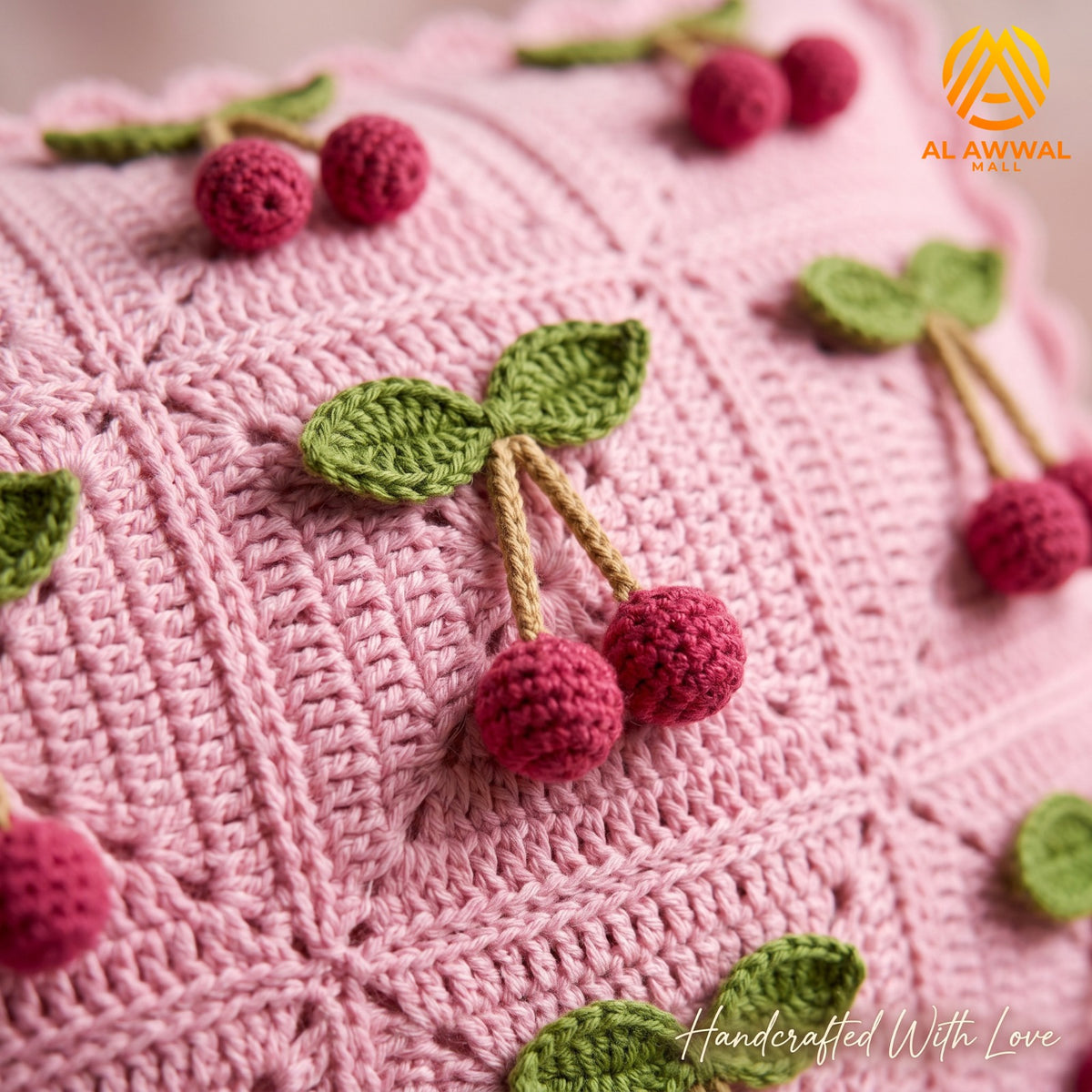 Handmade Crochet Pink Square Cushion Cover with Cherry Motifs