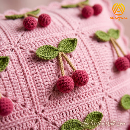 Handmade Crochet Pink Square Cushion Cover with Cherry Motifs