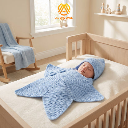 Baby Starfish Crochet Blanket with Hood – Cozy Baby Wrap