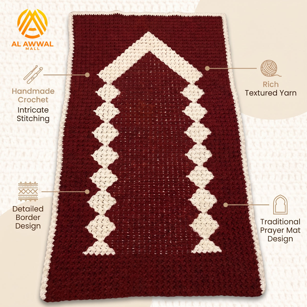 Traditional Maroon Crochet Prayer Mat with Cream Details