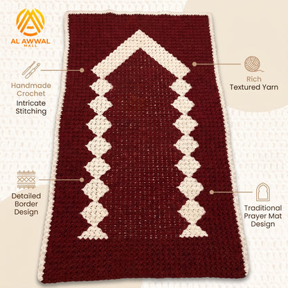 Traditional Maroon Crochet Prayer Mat with Cream Details