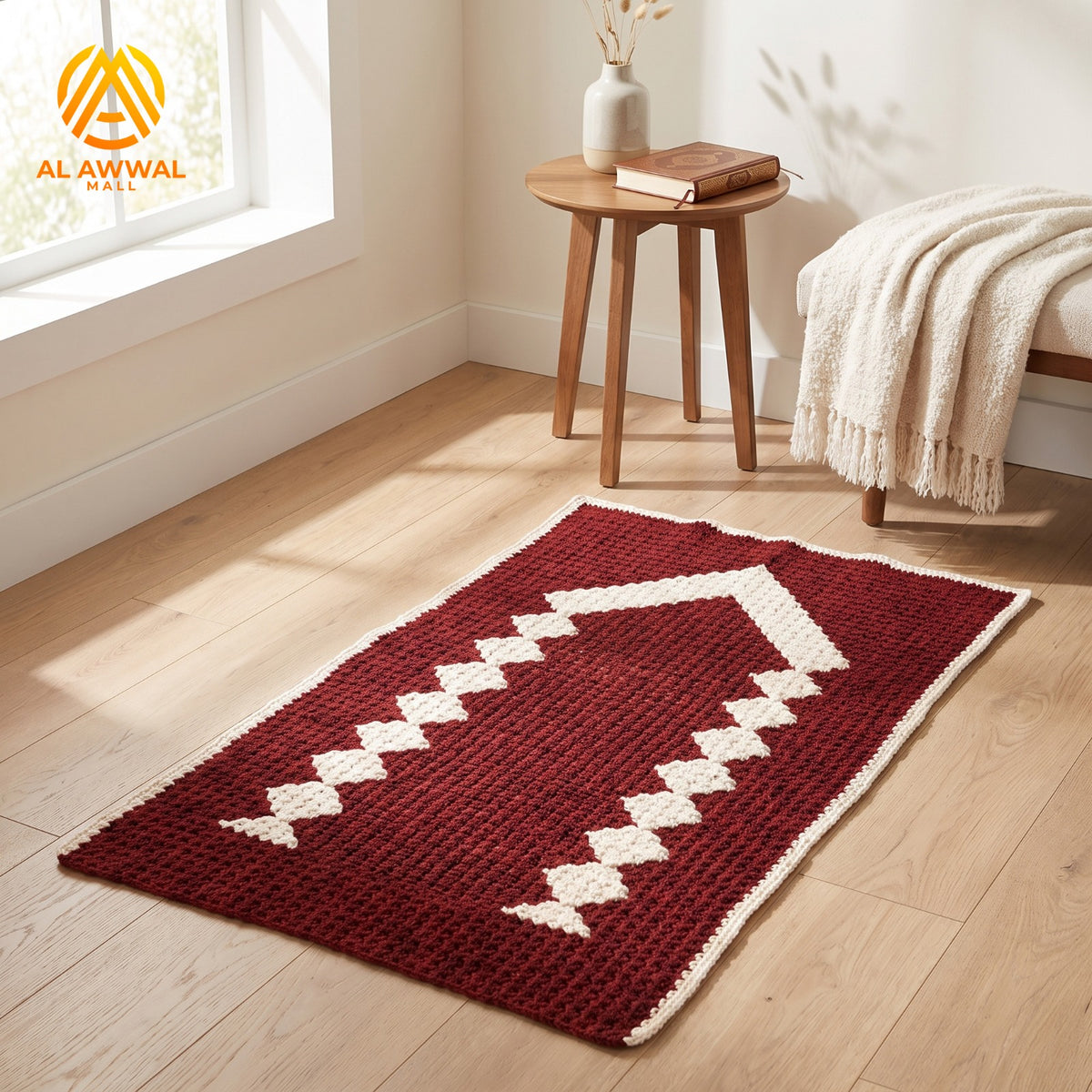 Traditional Maroon Crochet Prayer Mat with Cream Details