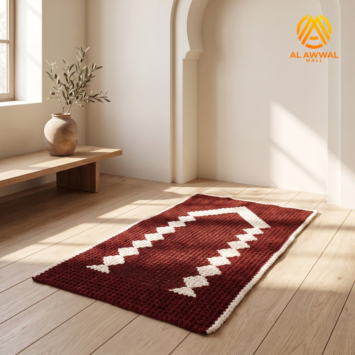 Traditional Maroon Crochet Prayer Mat with Cream Details