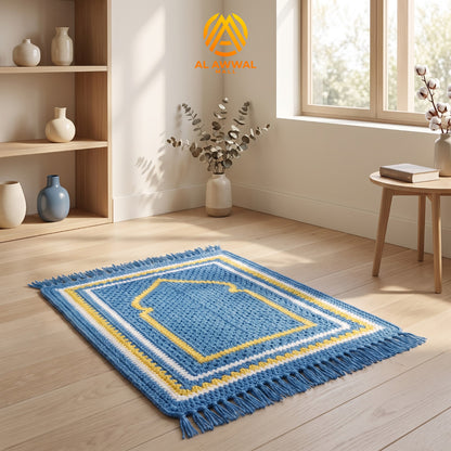 Blue Crochet Prayer Mat with White and Yellow Striped Details and Fringe