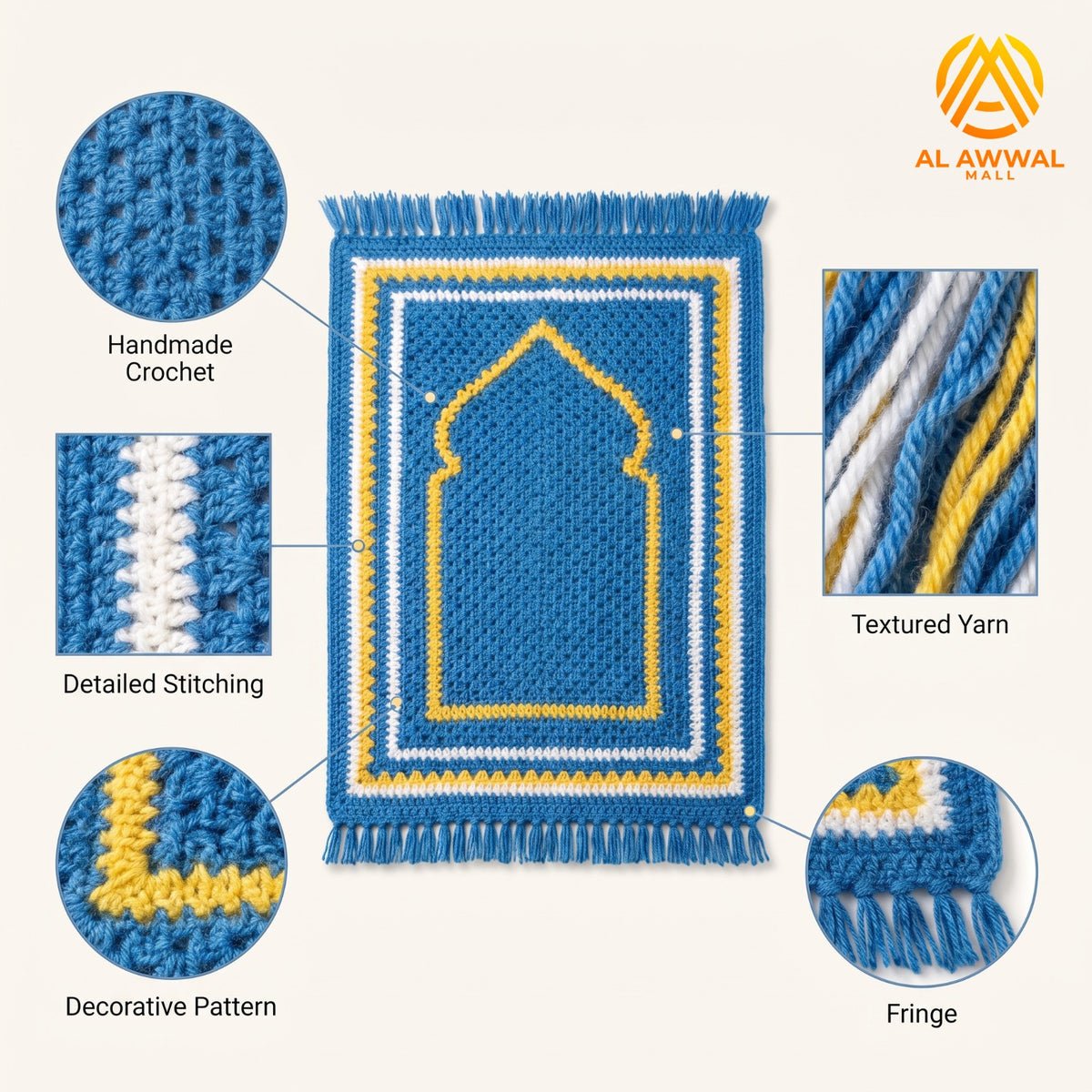 Blue Crochet Prayer Mat with White and Yellow Striped Details and Fringe