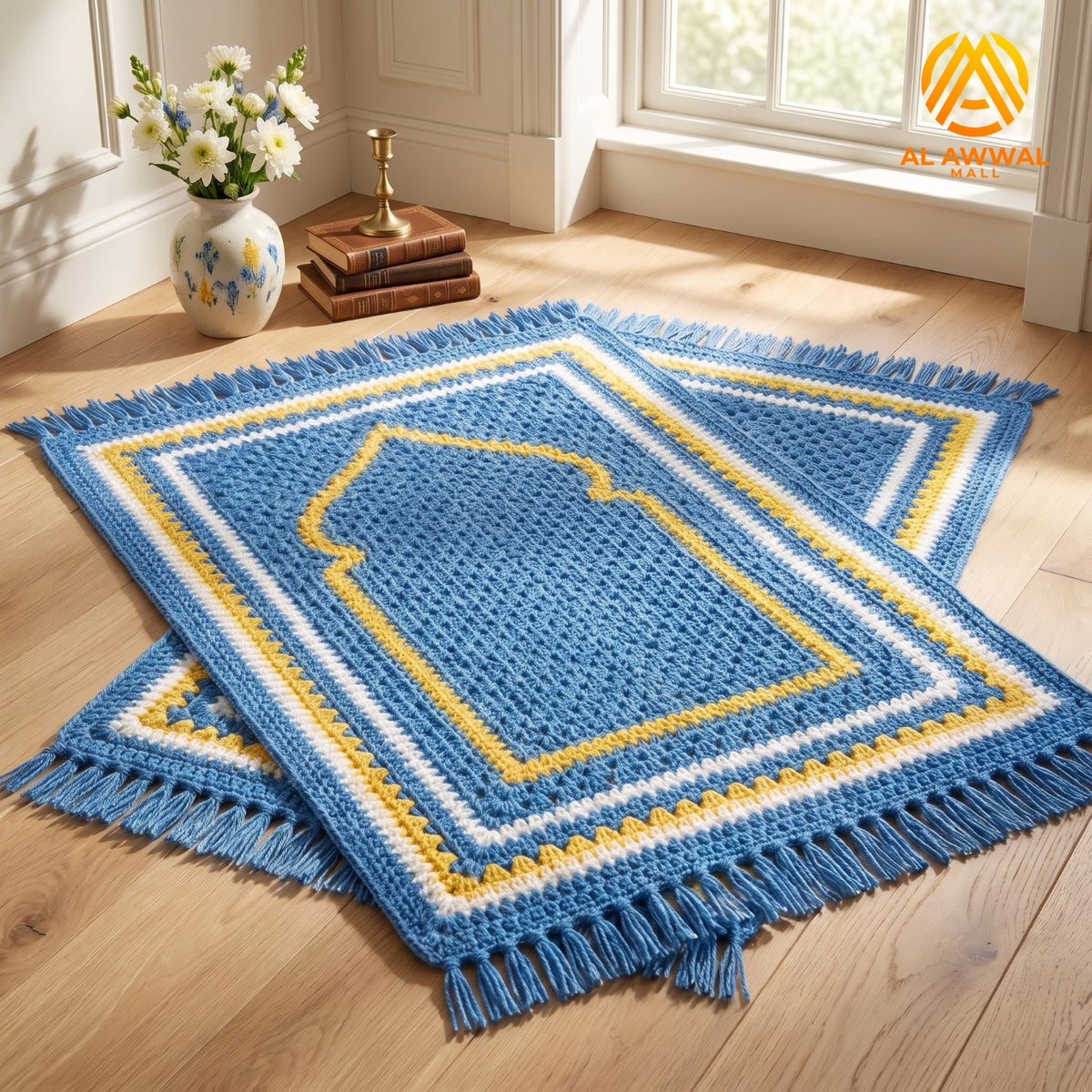 Blue Crochet Prayer Mat with White and Yellow Striped Details and Fringe