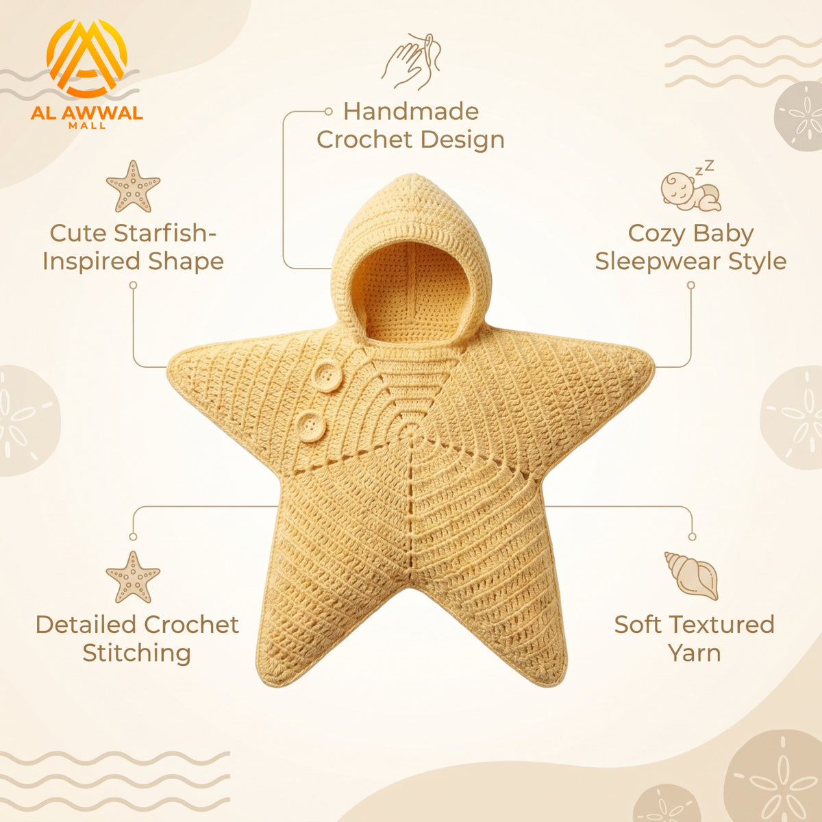 Yellow Starfish-Style Crochet Baby Blanket with Hood