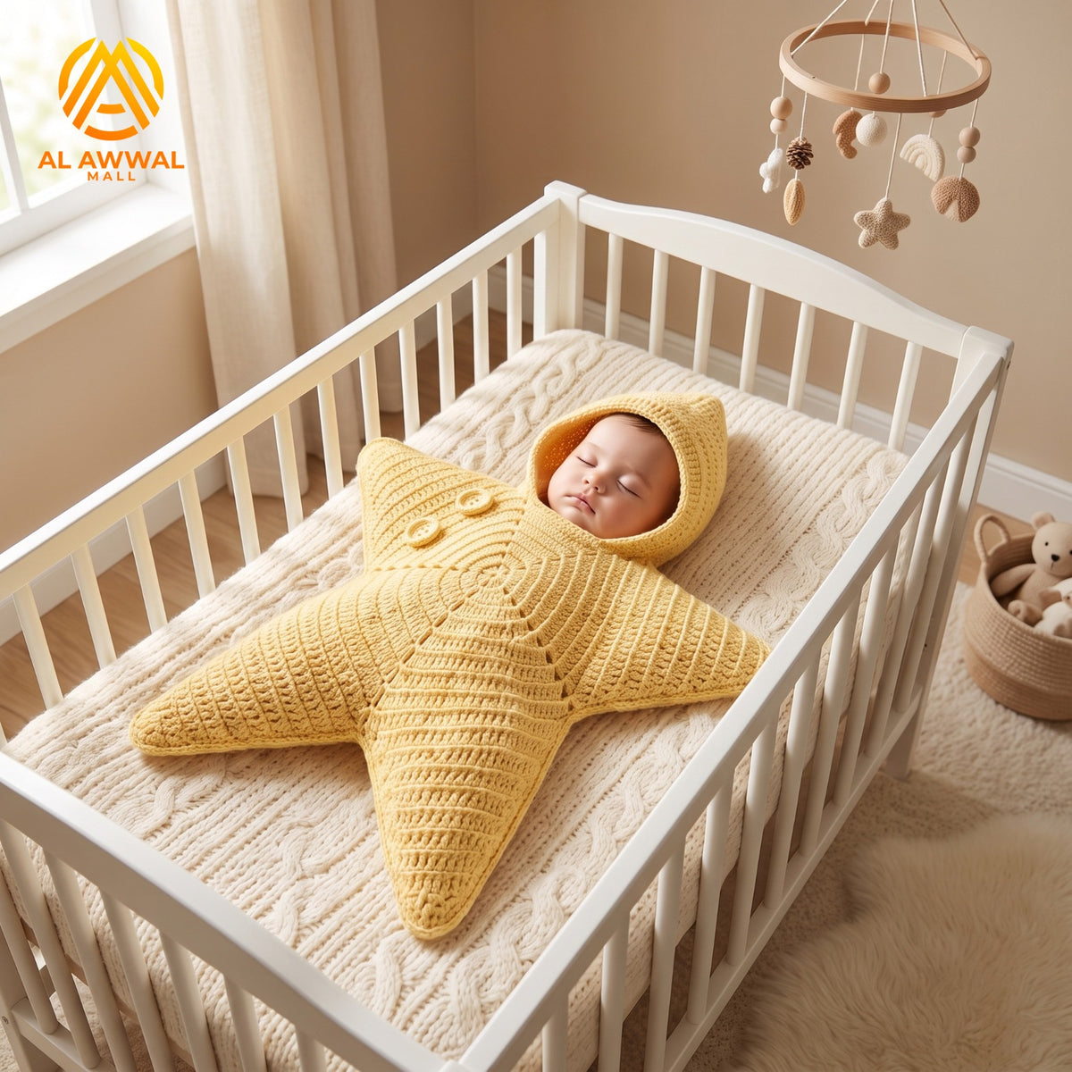 Yellow Starfish-Style Crochet Baby Blanket with Hood