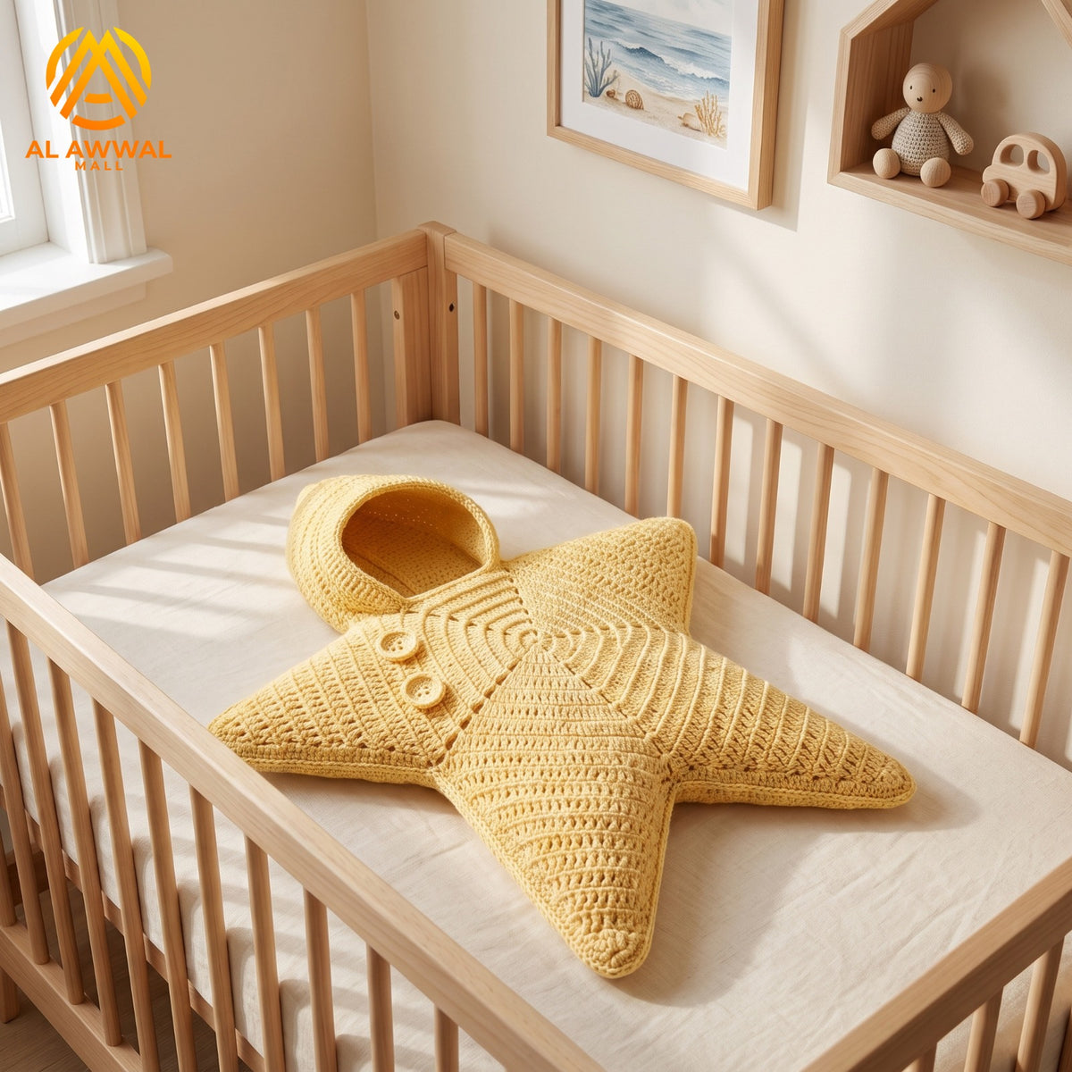 Yellow Starfish-Style Crochet Baby Blanket with Hood