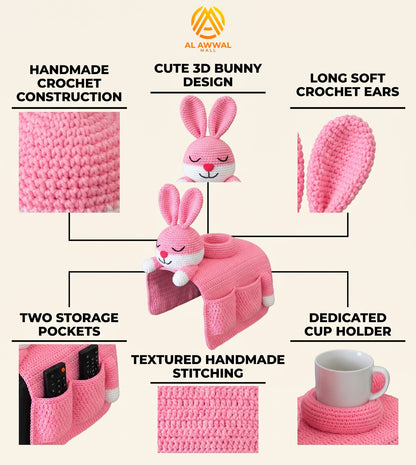Handmade Crochet Pink Rabbit Sofa Armrest Pocket Organizer