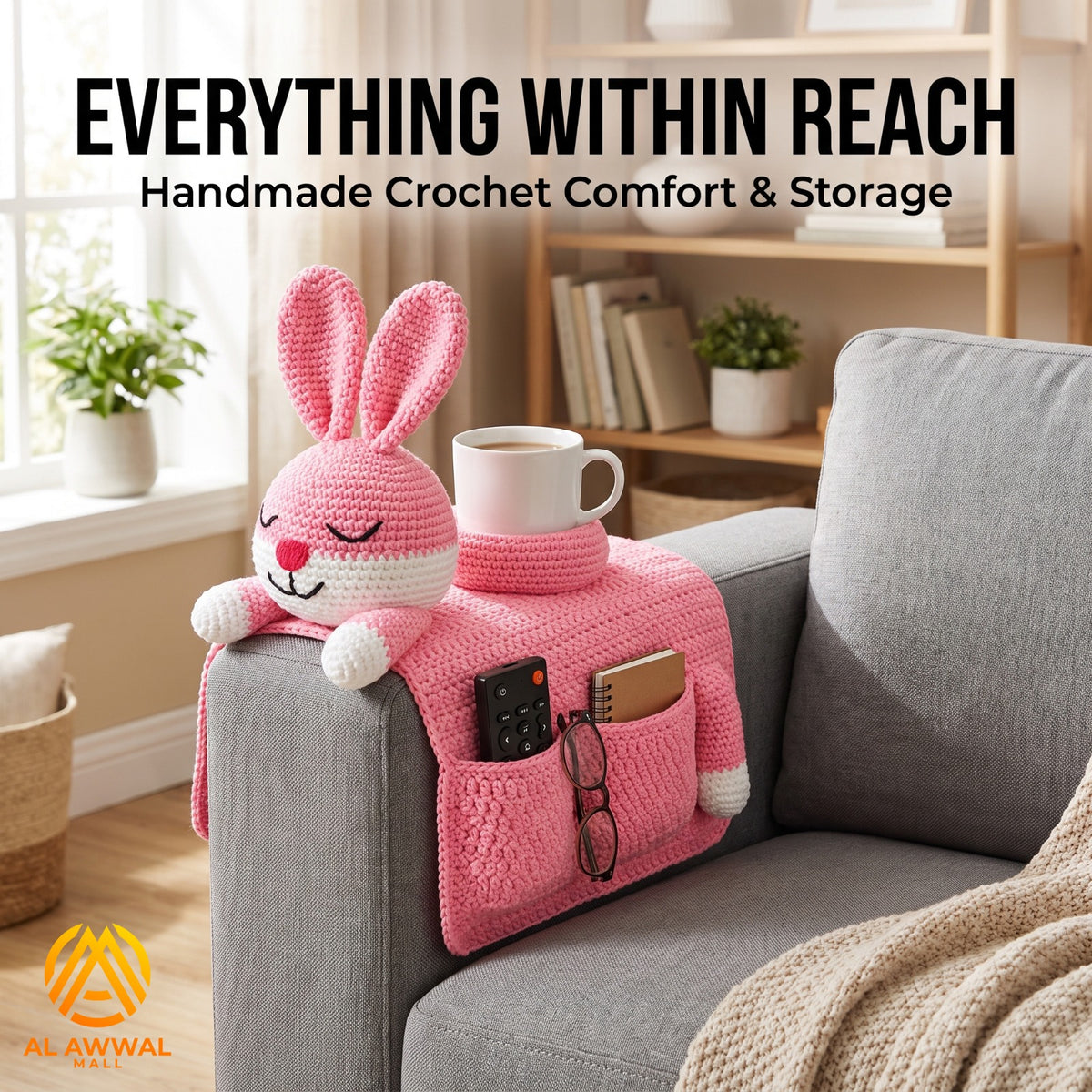 Handmade Crochet Pink Rabbit Sofa Armrest Pocket Organizer