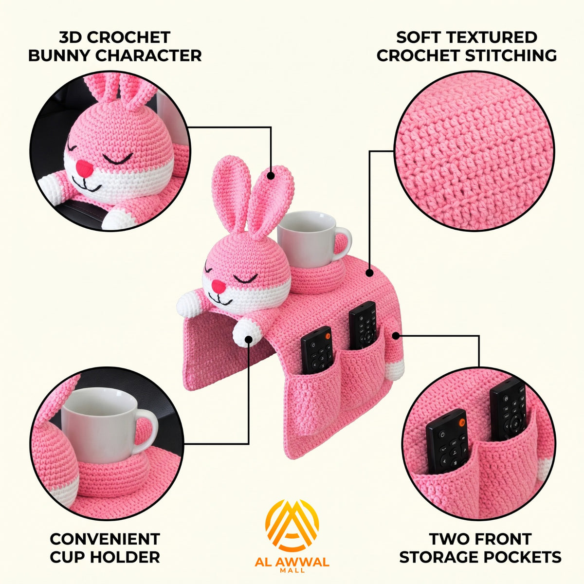 Handmade Crochet Pink Rabbit Sofa Armrest Pocket Organizer