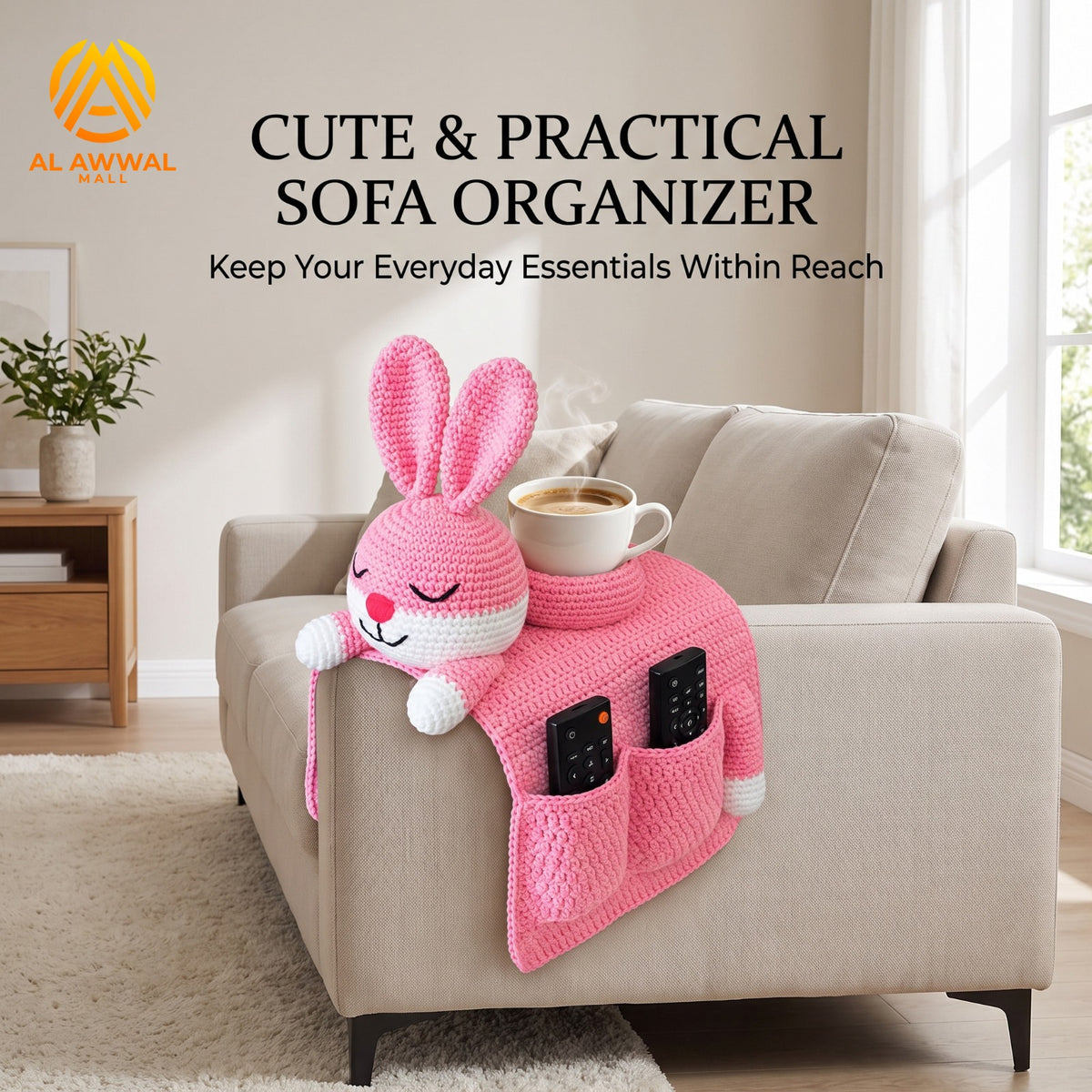 Handmade Crochet Pink Rabbit Sofa Armrest Pocket Organizer