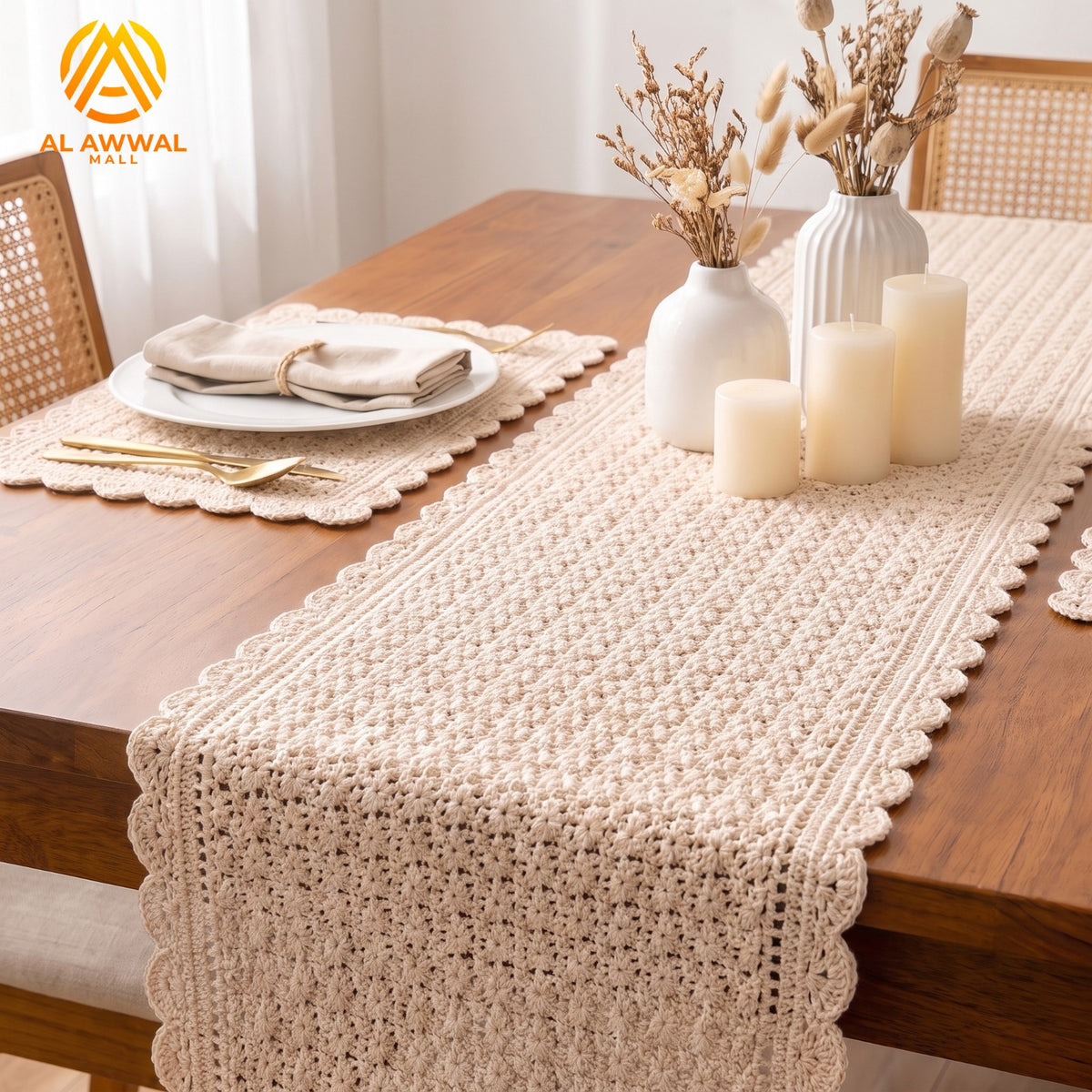 Cream Crochet Table Runner with Lace Border & Placemat Set