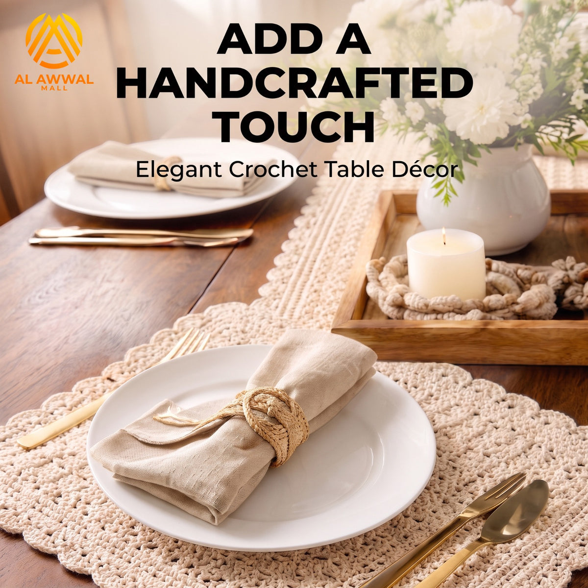 Cream Crochet Table Runner with Lace Border & Placemat Set