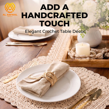 Cream Crochet Table Runner with Lace Border & Placemat Set