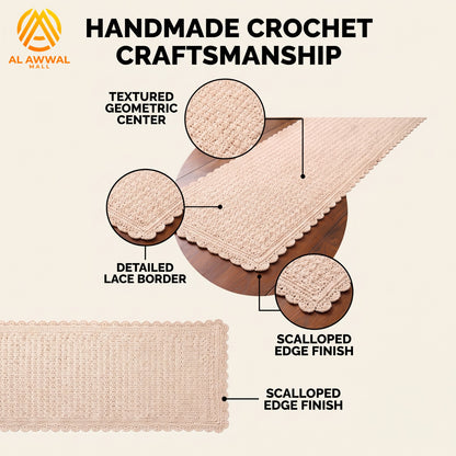 Cream Crochet Table Runner with Lace Border & Placemat Set