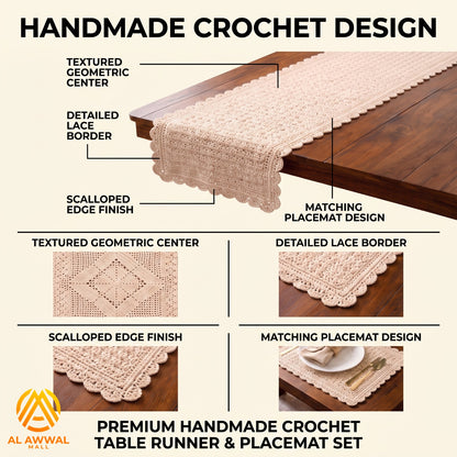 Cream Crochet Table Runner with Lace Border & Placemat Set