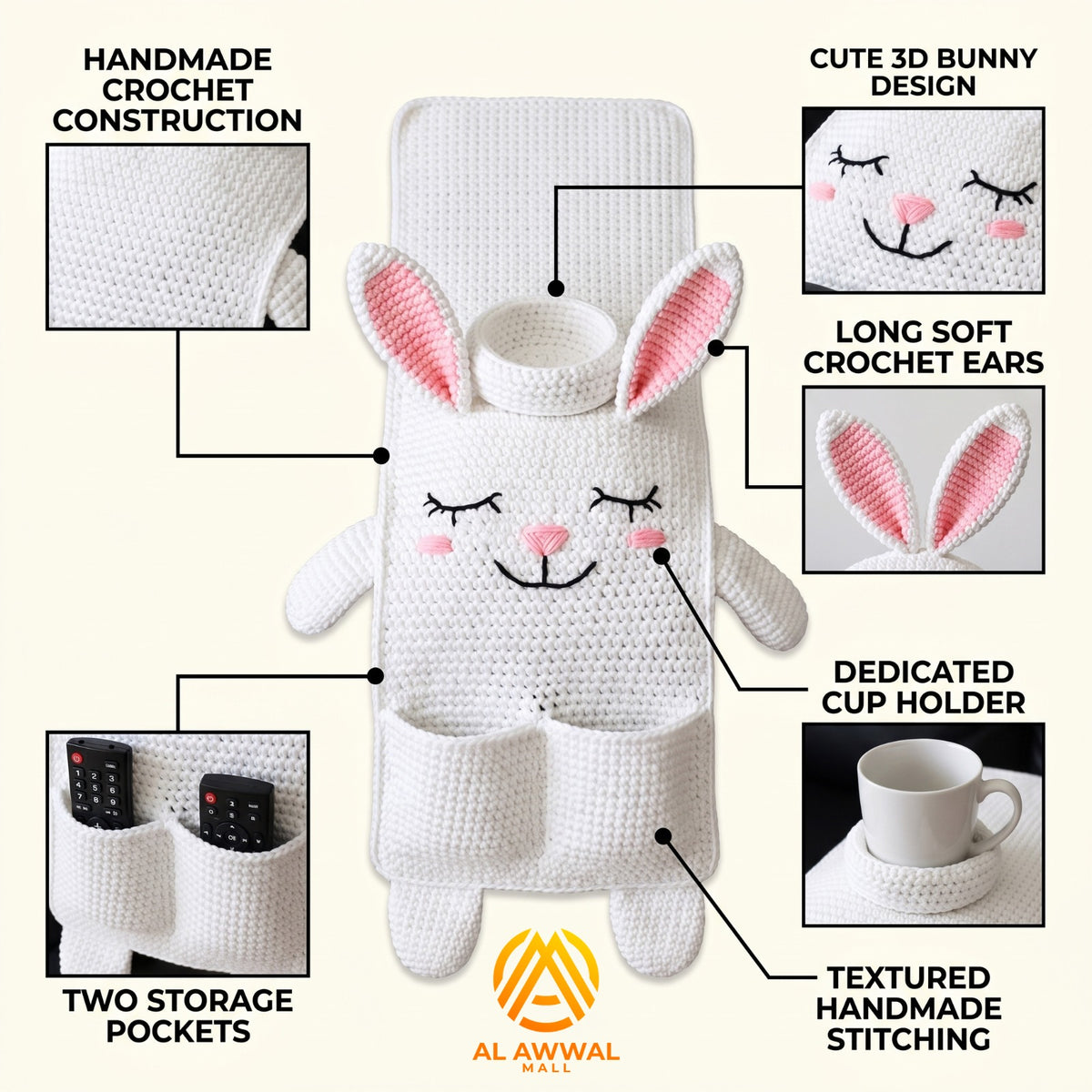 Handmade Crochet White Bunny Sofa Armrest Pocket Organizer with Cup Holder