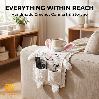 Handmade Crochet White Bunny Sofa Armrest Pocket Organizer with Cup Holder