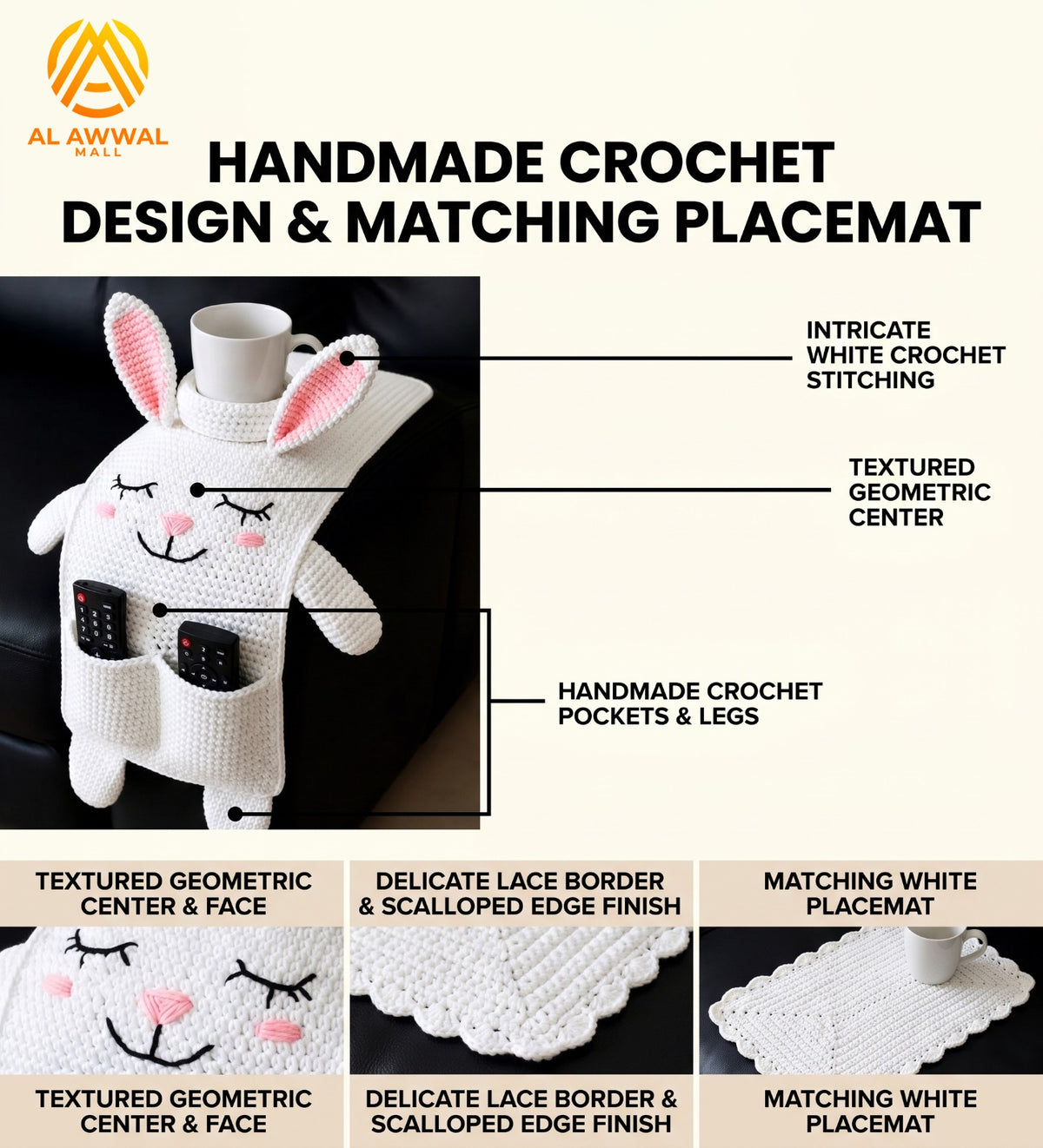 Handmade Crochet White Bunny Sofa Armrest Pocket Organizer with Cup Holder