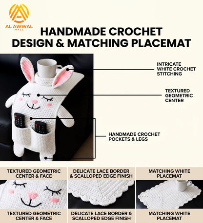 Handmade Crochet White Bunny Sofa Armrest Pocket Organizer with Cup Holder