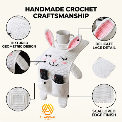 Handmade Crochet White Bunny Sofa Armrest Pocket Organizer with Cup Holder