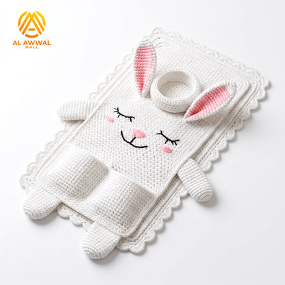 Handmade Crochet White Bunny Sofa Armrest Pocket Organizer with Cup Holder