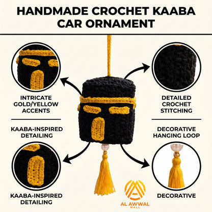 Handmade Crochet Kaaba Keychain with Tassel & Pearl – Black and Yellow