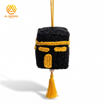Handmade Crochet Kaaba Keychain with Tassel & Pearl – Black and Yellow